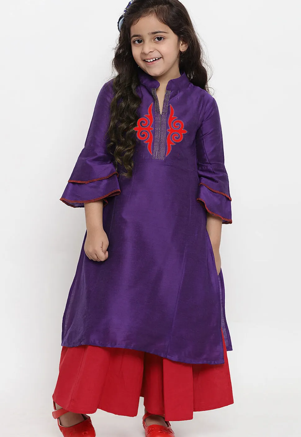 Embroidered Dupion Silk Straight Kurta Set in Dark Purple
