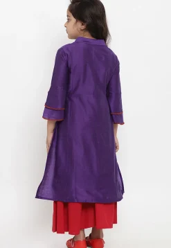 Embroidered Dupion Silk Straight Kurta Set in Dark Purple