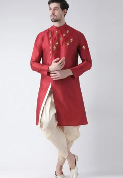 Embroidered Dupion Silk Side Slit Dhoti Kurta in Maroon