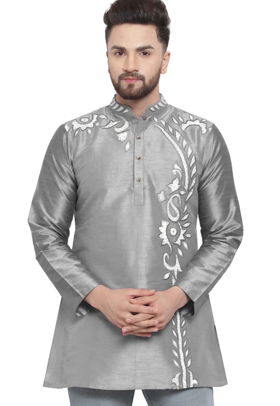 Embroidered Dupion Silk Short Kurta in Grey