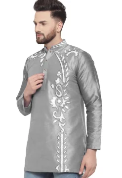 Embroidered Dupion Silk Short Kurta in Grey