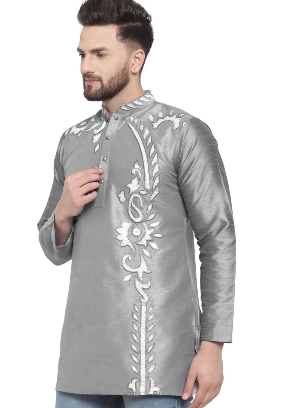 Embroidered Dupion Silk Short Kurta in Grey