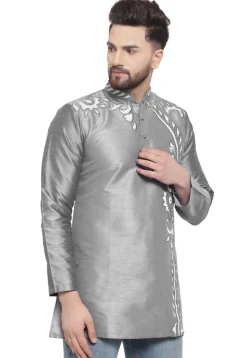 Embroidered Dupion Silk Short Kurta in Grey