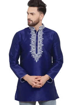 Embroidered Dupion Silk Short Kurta in Navy Blue