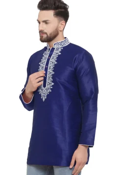 Embroidered Dupion Silk Short Kurta in Navy Blue