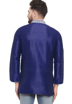 Embroidered Dupion Silk Short Kurta in Navy Blue