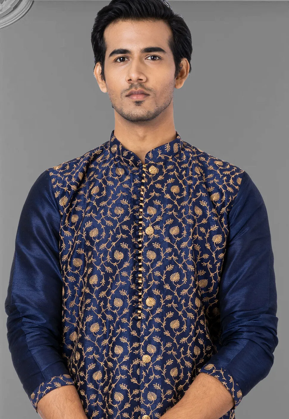 Embroidered Dupion Silk Sherwani in Navy Blue