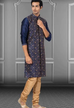 Embroidered Dupion Silk Sherwani in Navy Blue