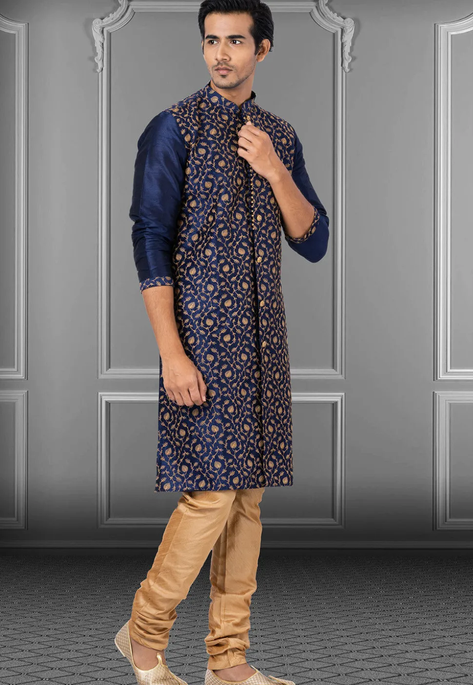 Embroidered Dupion Silk Sherwani in Navy Blue