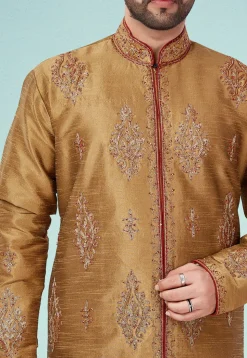 Embroidered Dupion Silk Sherwani in Beige