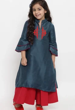 Embroidered Dupion Silk Straight Kurta Set in Dark Grey