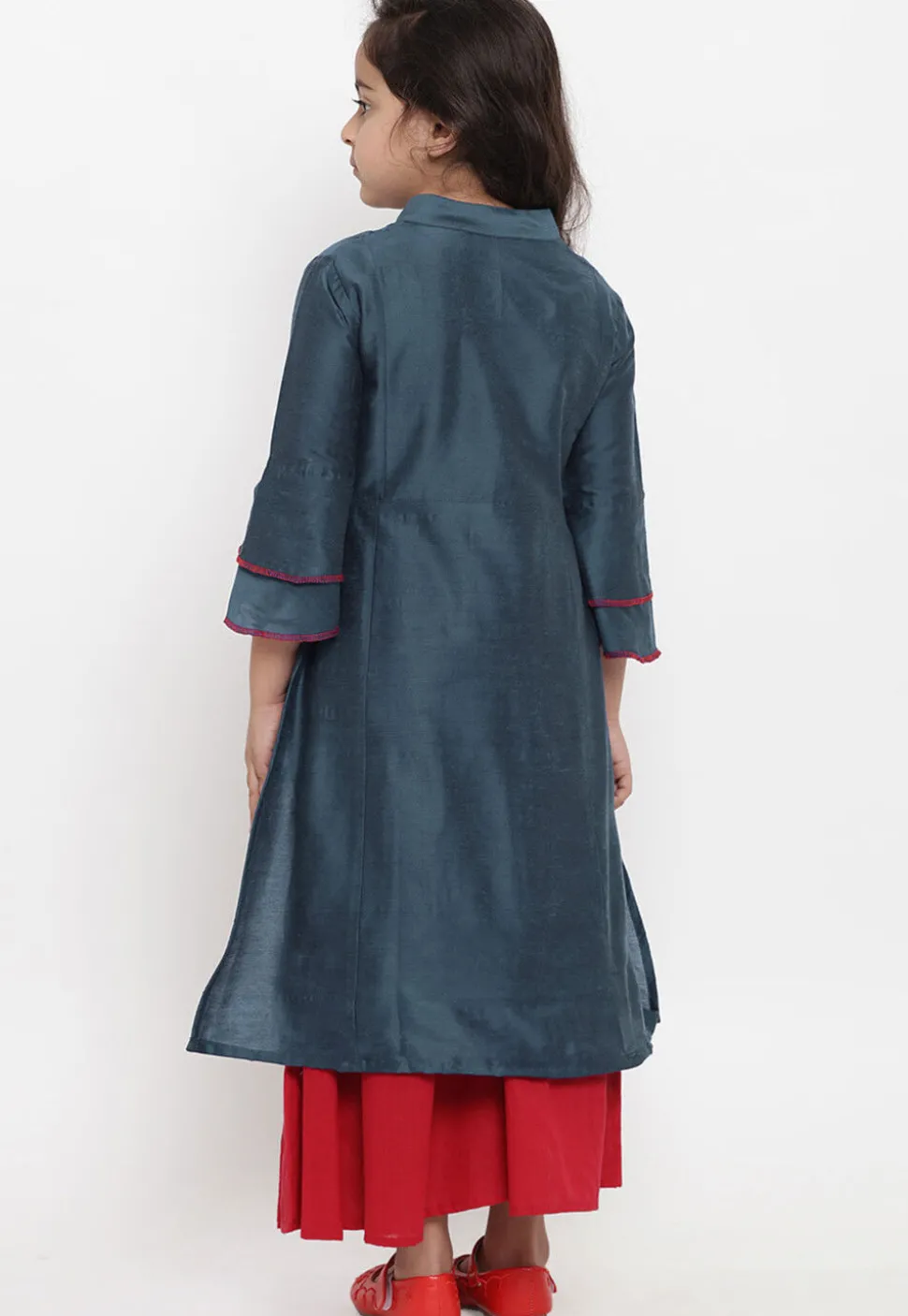 Embroidered Dupion Silk Straight Kurta Set in Dark Grey