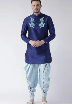 Embroidered Dupion Silk Short Kurta Set in Navy Blue