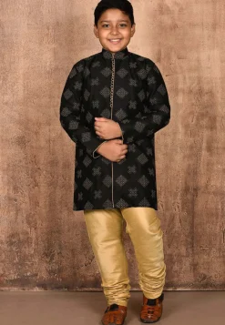 Embroidered Dupion Silk Sherwani Set in Black