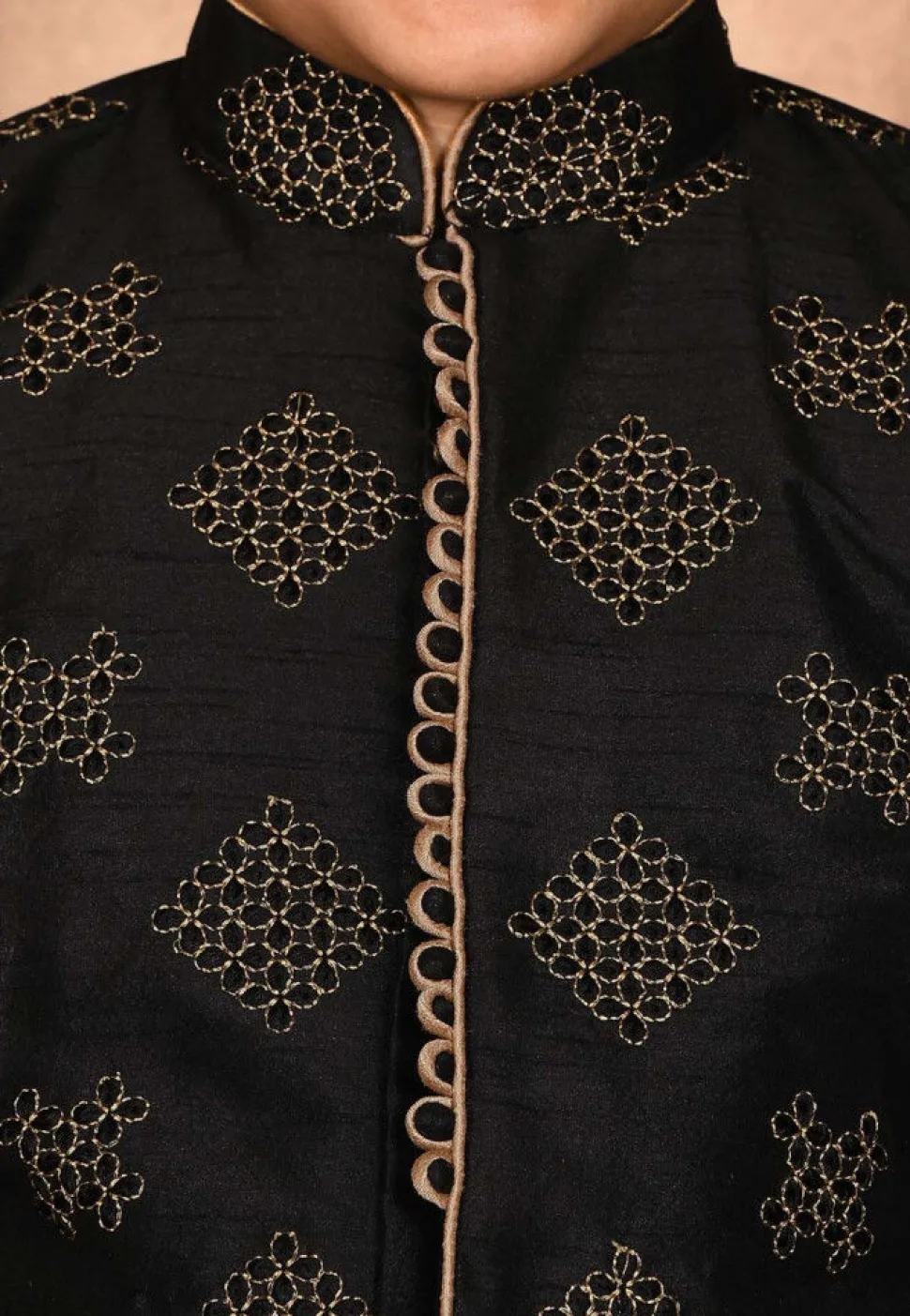 Embroidered Dupion Silk Sherwani Set in Black