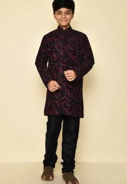 Embroidered Dupion Silk Sherwani in Black
