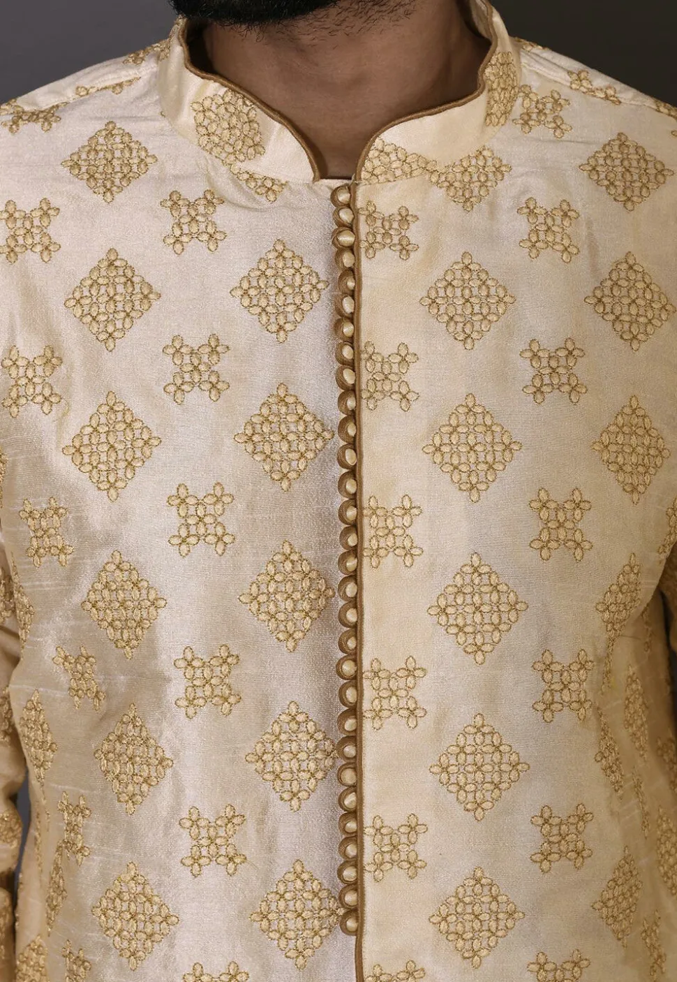 Embroidered Dupion Silk Sherwani in Beige
