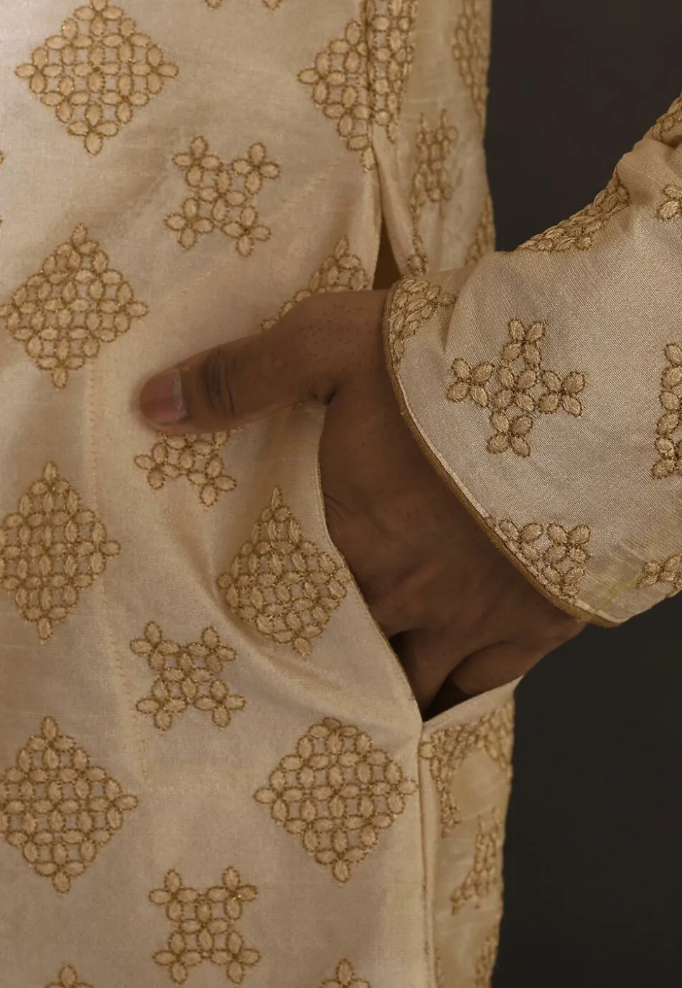 Embroidered Dupion Silk Sherwani in Beige