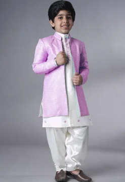 Embroidered Dupion Silk Sherwani Set in Off White and Pink