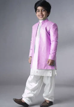 Embroidered Dupion Silk Sherwani Set in Off White and Pink