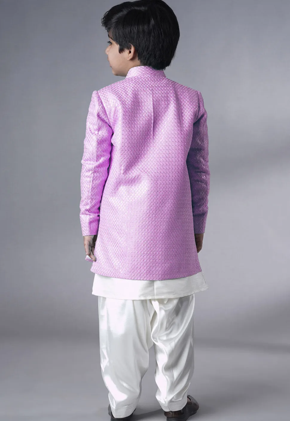 Embroidered Dupion Silk Sherwani Set in Off White and Pink
