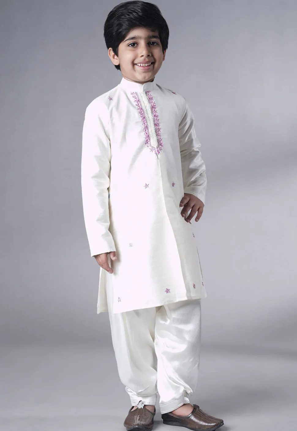 Embroidered Dupion Silk Sherwani Set in Off White and Pink