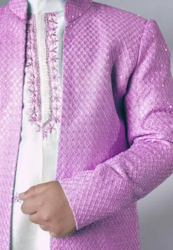 Embroidered Dupion Silk Sherwani Set in Off White and Pink
