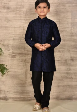 Embroidered Dupion Silk Sherwani in Navy Blue