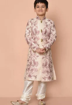 Embroidered Dupion Silk Sherwani in Cream