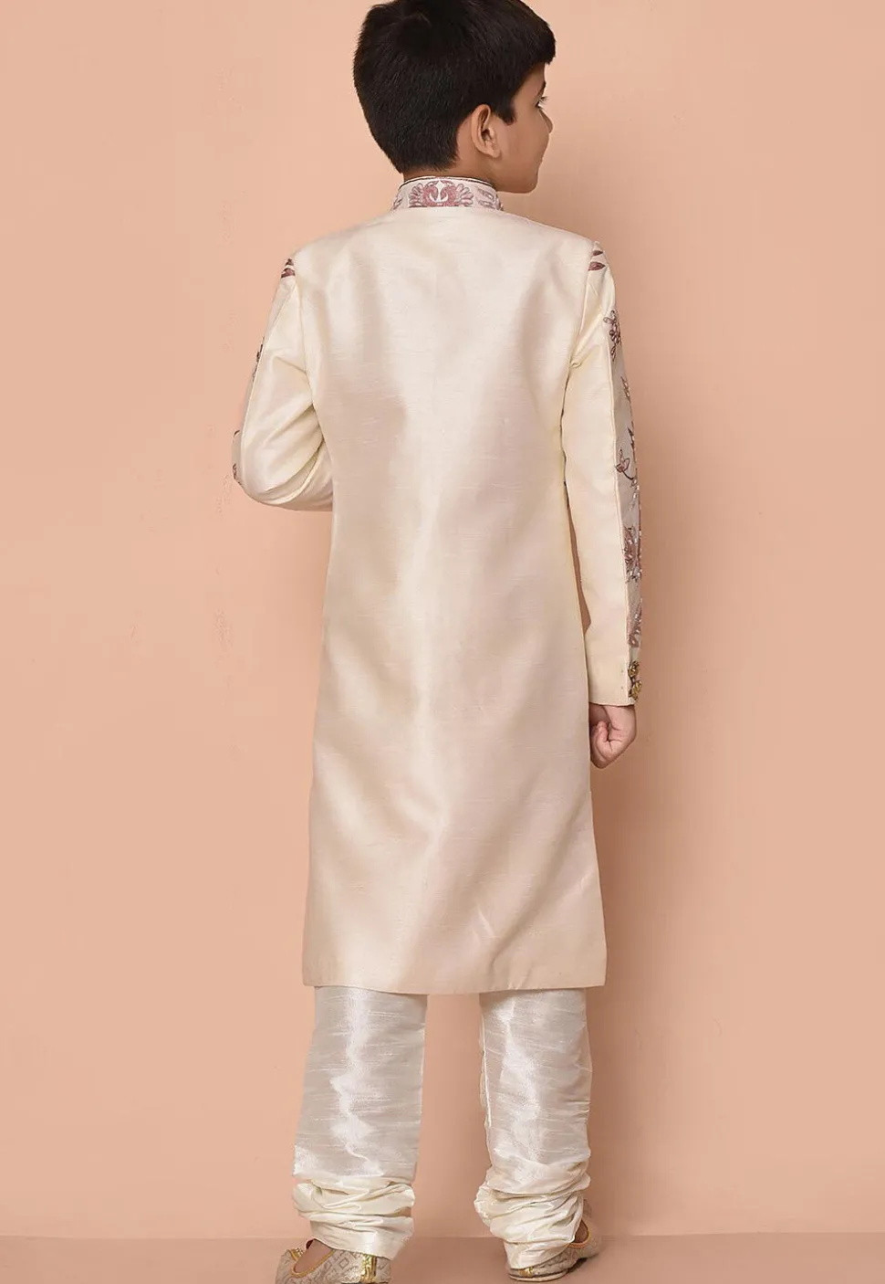 Embroidered Dupion Silk Sherwani in Cream