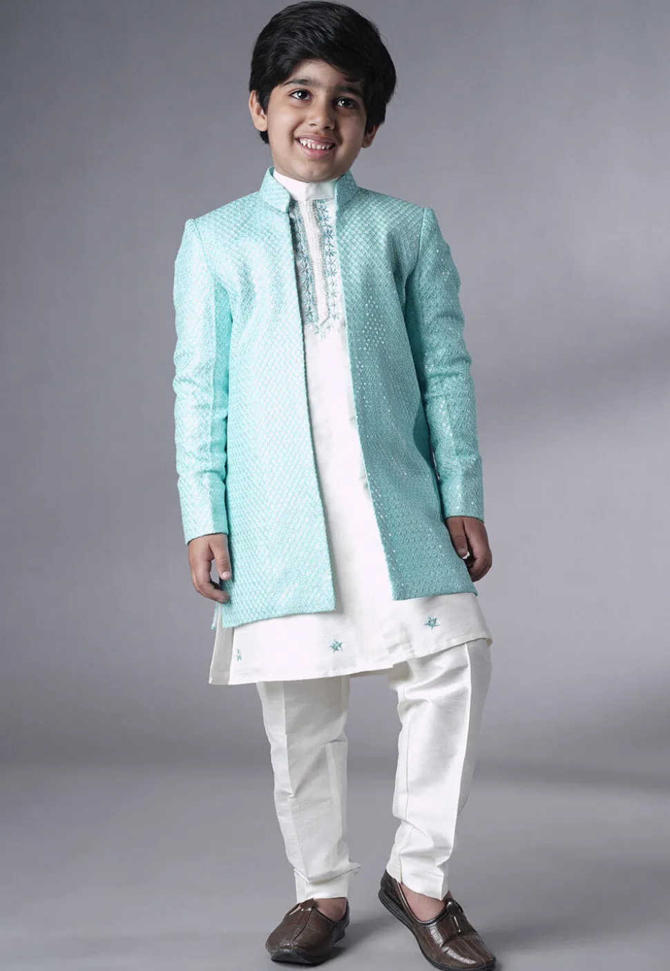 Embroidered Dupion Silk Sherwani Set in Off White