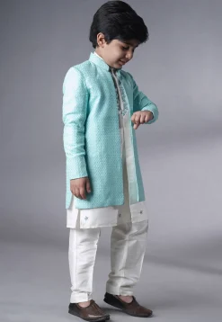 Embroidered Dupion Silk Sherwani Set in Off White