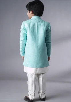 Embroidered Dupion Silk Sherwani Set in Off White