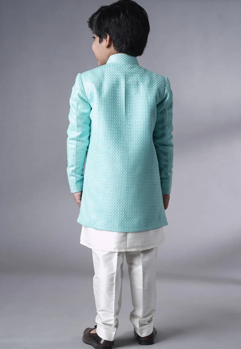 Embroidered Dupion Silk Sherwani Set in Off White