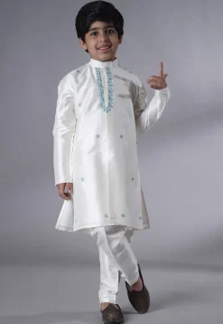 Embroidered Dupion Silk Sherwani Set in Off White