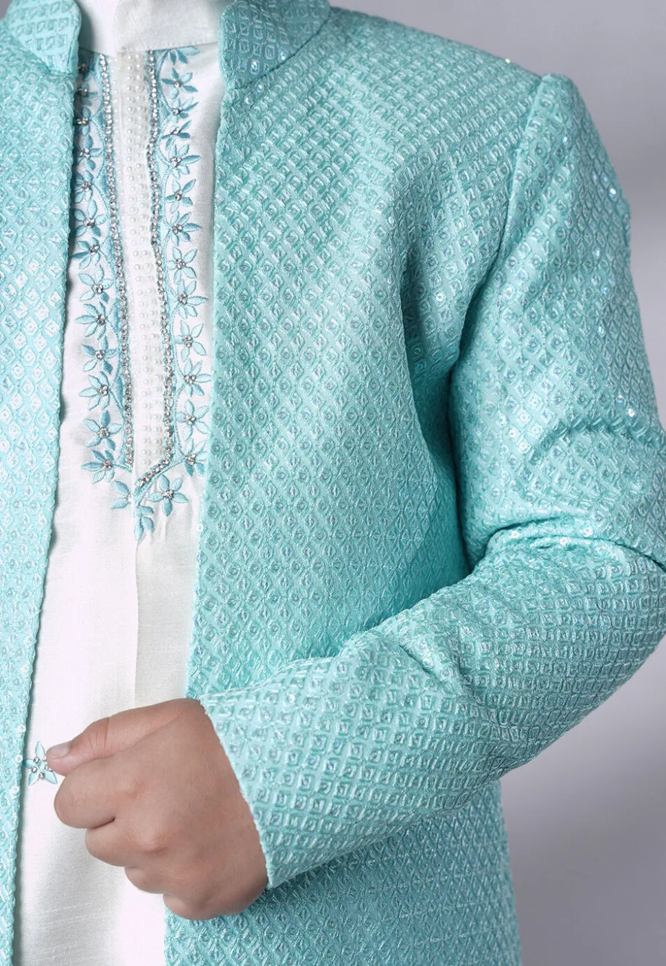 Embroidered Dupion Silk Sherwani Set in Off White
