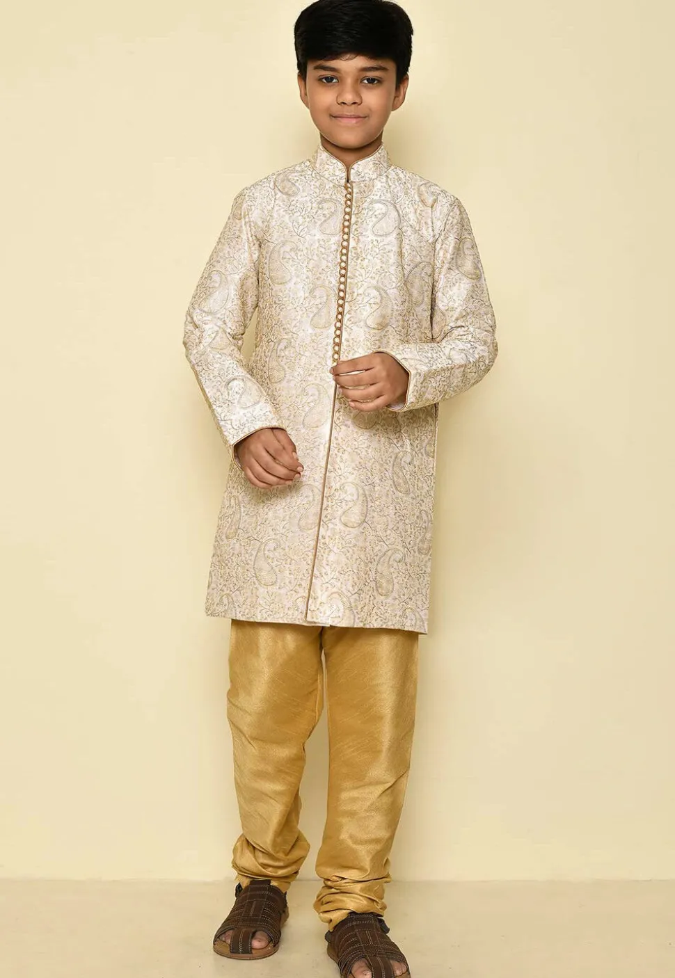 Embroidered Dupion Silk Sherwani Set in Cream