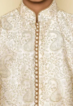 Embroidered Dupion Silk Sherwani Set in Cream