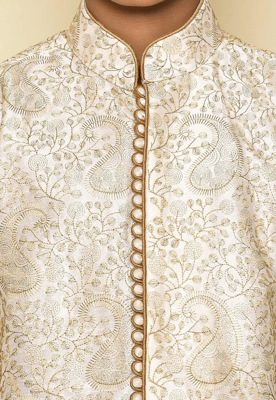 Embroidered Dupion Silk Sherwani Set in Cream