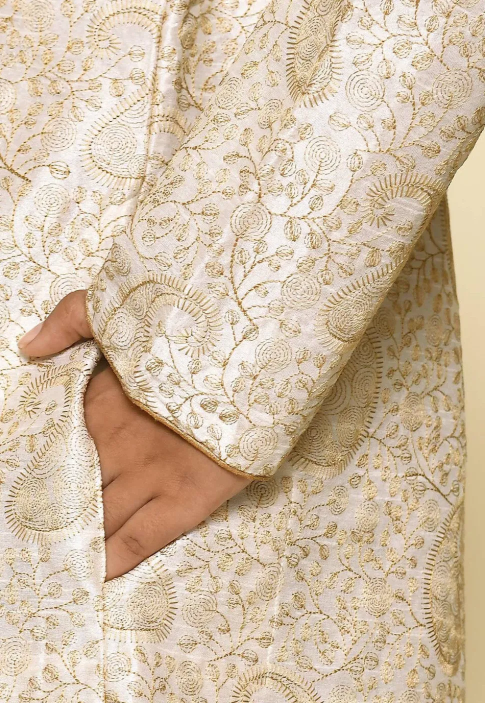 Embroidered Dupion Silk Sherwani Set in Cream