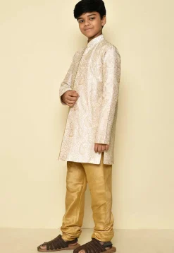 Embroidered Dupion Silk Sherwani Set in Cream