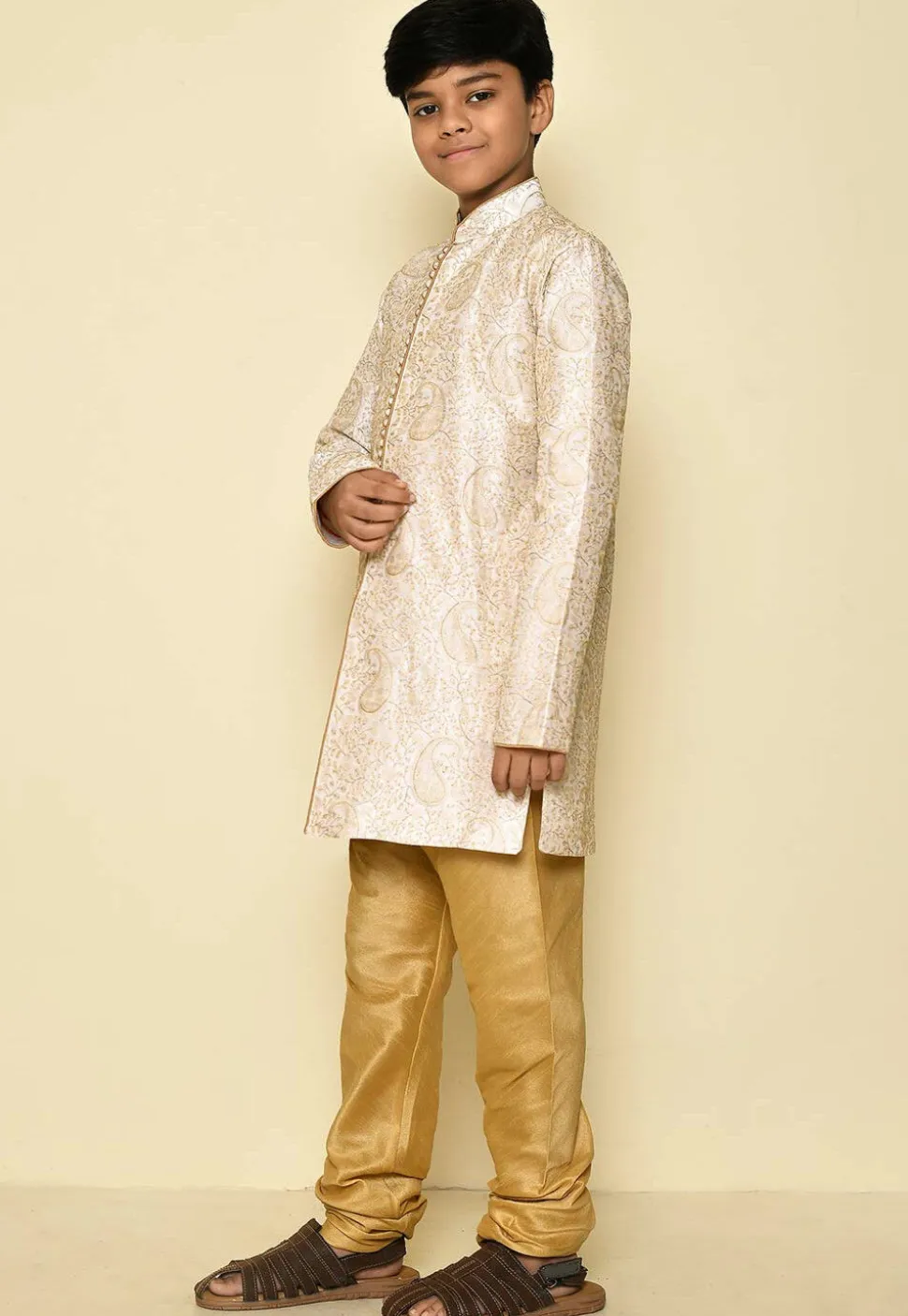 Embroidered Dupion Silk Sherwani Set in Cream