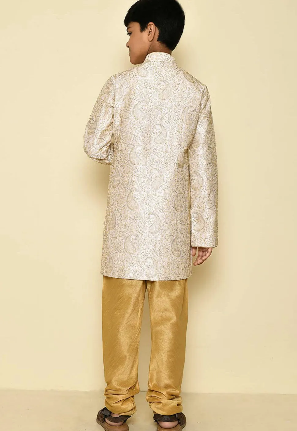 Embroidered Dupion Silk Sherwani Set in Cream