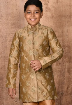 Embroidered Dupion Silk Sherwani in Dark Beige