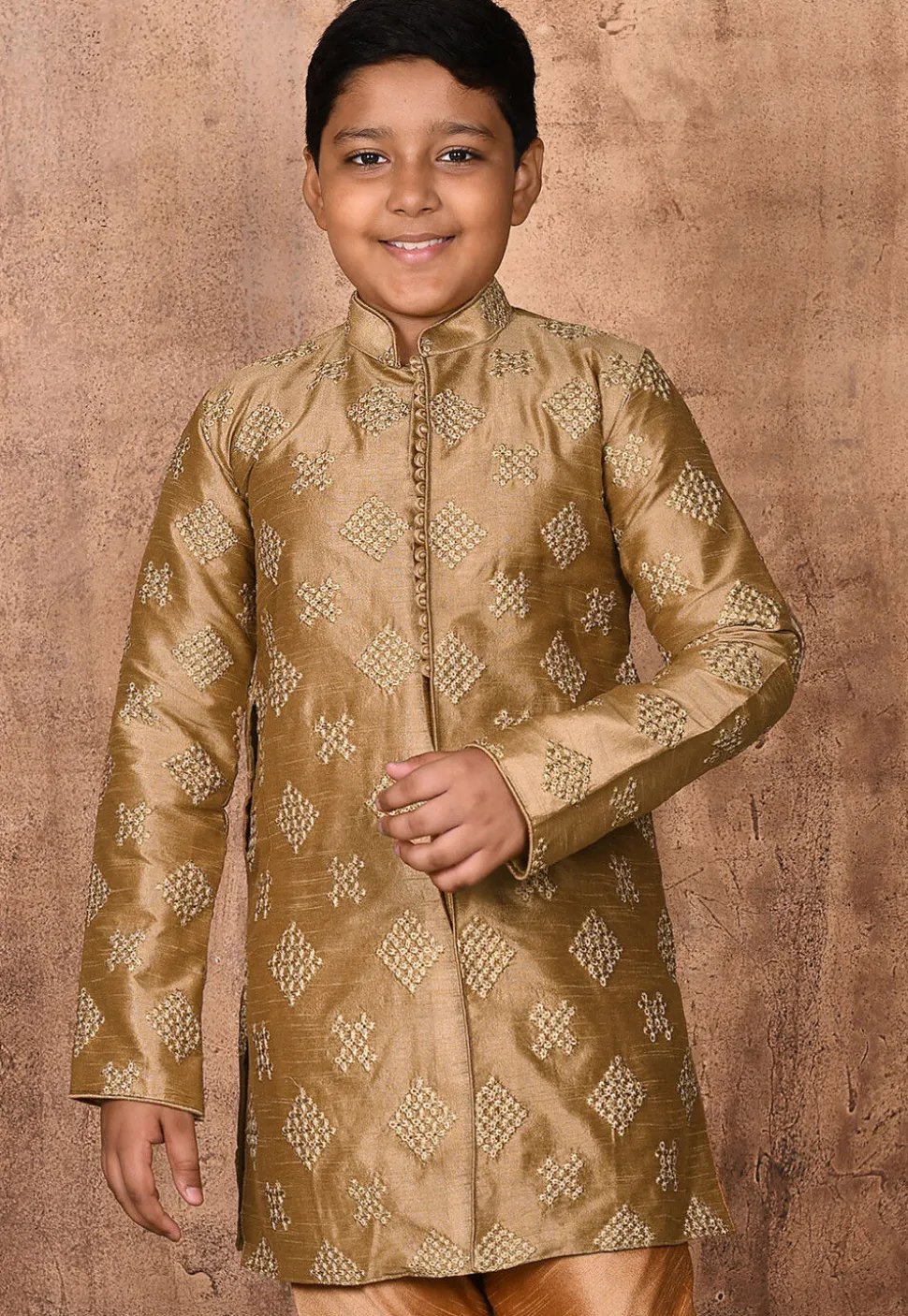 Embroidered Dupion Silk Sherwani in Dark Beige