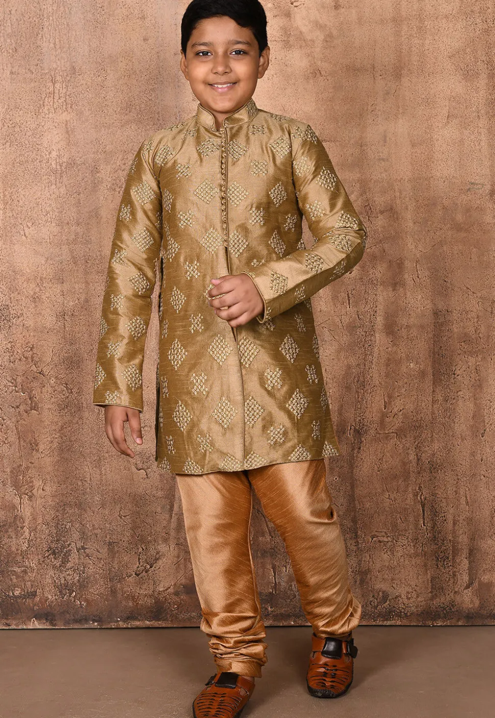 Embroidered Dupion Silk Sherwani in Dark Beige
