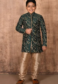 Embroidered Dupion Silk Sherwani in Dark Green