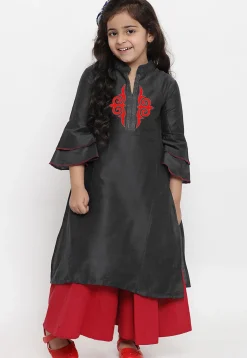 Embroidered Dupion Silk Straight Kurta Set in Black