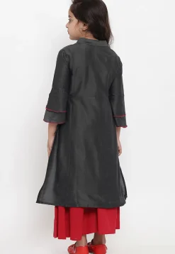 Embroidered Dupion Silk Straight Kurta Set in Black