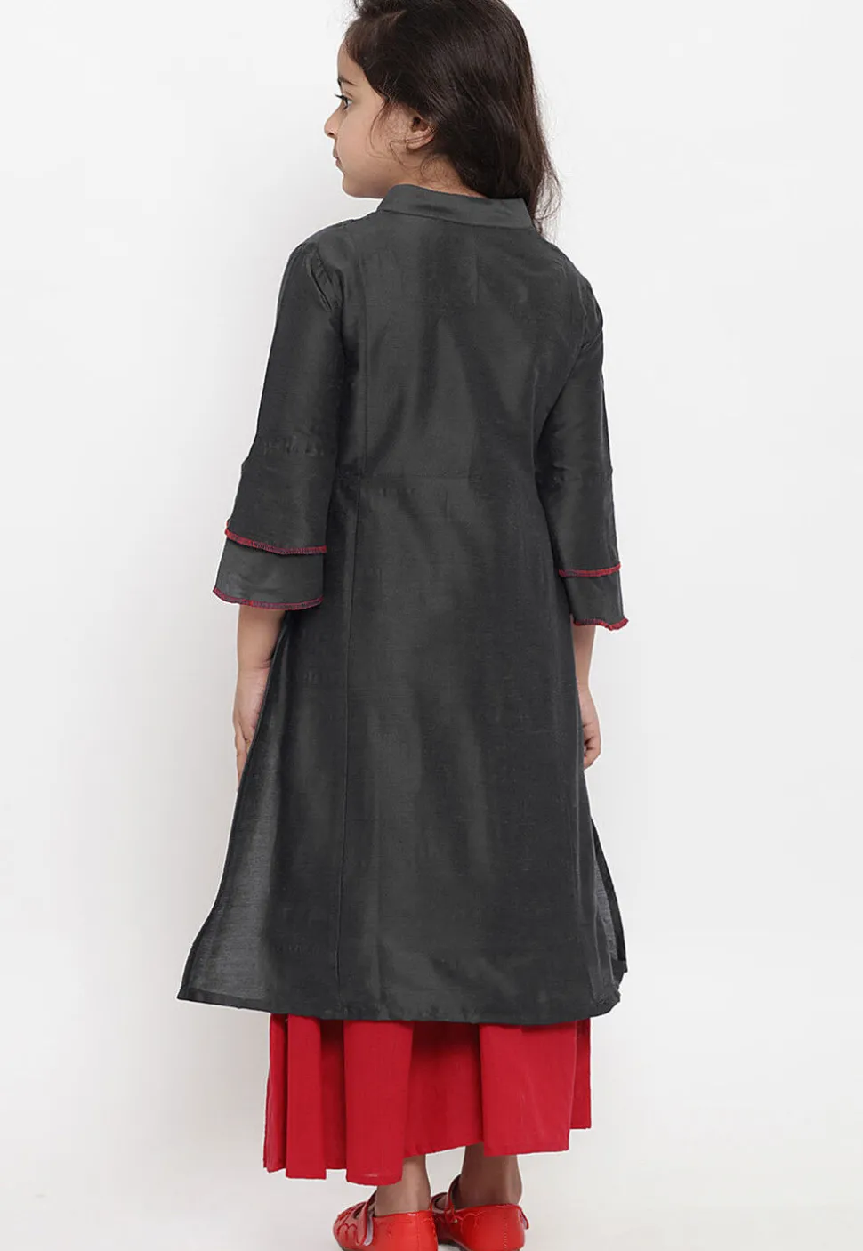 Embroidered Dupion Silk Straight Kurta Set in Black